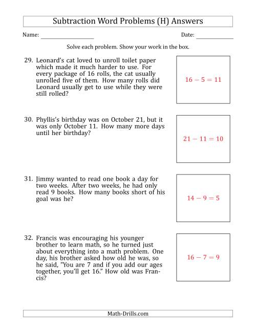 The Subtraction Word Problems with Subtraction Facts from 5 to 12 (H) Math Worksheet Page 2