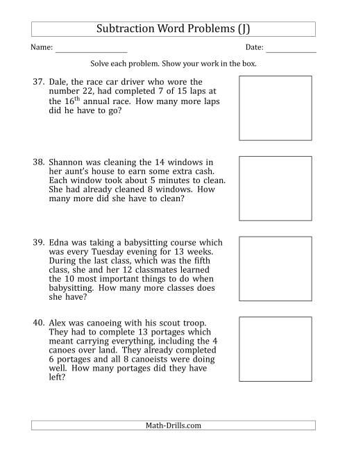 The Subtraction Word Problems with Subtraction Facts from 5 to 12 (J) Math Worksheet