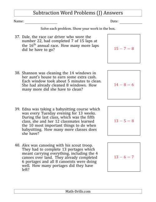 The Subtraction Word Problems with Subtraction Facts from 5 to 12 (J) Math Worksheet Page 2