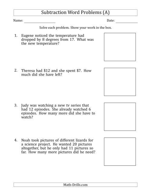 The Subtraction Word Problems with Subtraction Facts from 5 to 12 (All) Math Worksheet