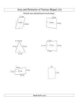 Area and Perimeter of Various Shapes (up to 1 decimal place; range 1-9)
