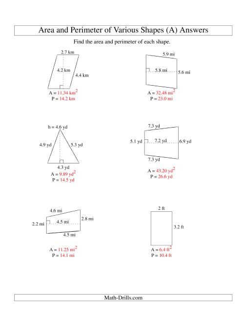 The Area and Perimeter of Various Shapes (up to 1 decimal place; range 1-9) (A) Math Worksheet Page 2