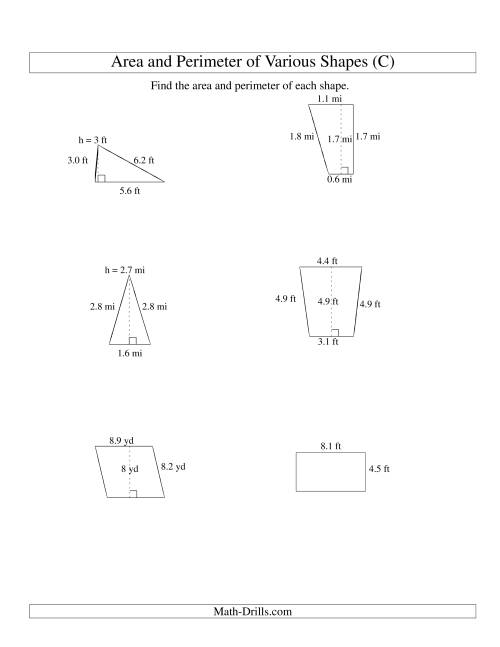 The Area and Perimeter of Various Shapes (up to 1 decimal place; range 1-9) (C) Math Worksheet