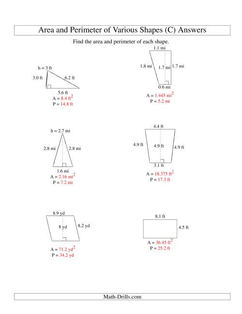 The Area and Perimeter of Various Shapes (up to 1 decimal place; range 1-9) (C) Math Worksheet Page 2