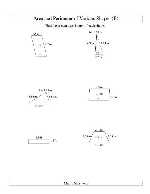The Area and Perimeter of Various Shapes (up to 1 decimal place; range 1-9) (E) Math Worksheet