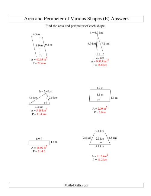 The Area and Perimeter of Various Shapes (up to 1 decimal place; range 1-9) (E) Math Worksheet Page 2