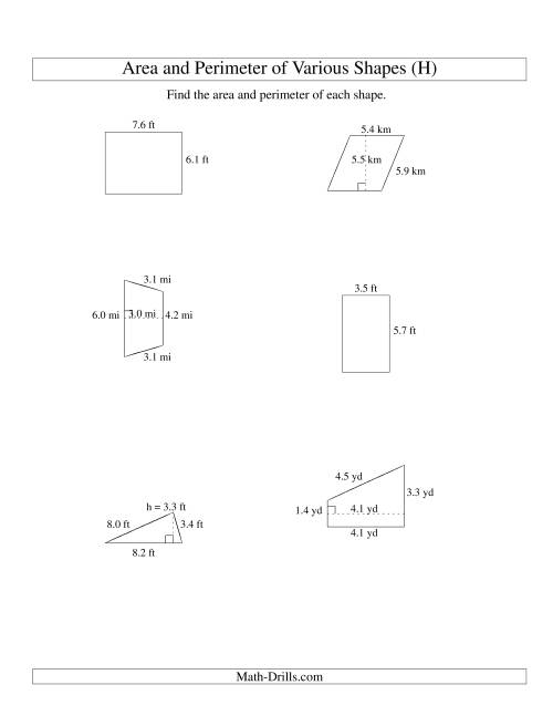 The Area and Perimeter of Various Shapes (up to 1 decimal place; range 1-9) (H) Math Worksheet