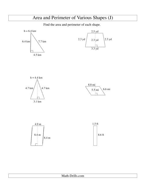 The Area and Perimeter of Various Shapes (up to 1 decimal place; range 1-9) (J) Math Worksheet
