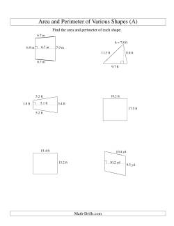 Area and Perimeter of Various Shapes (up to 1 decimal place; range 5-20)