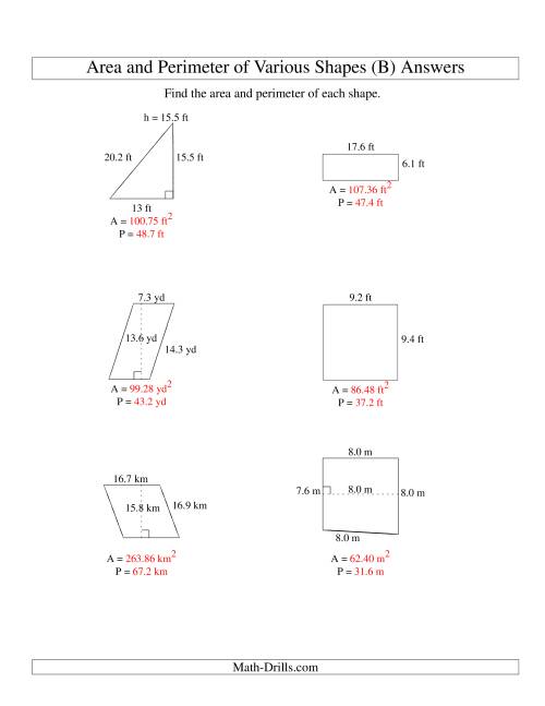 The Area and Perimeter of Various Shapes (up to 1 decimal place; range 5-20) (B) Math Worksheet Page 2