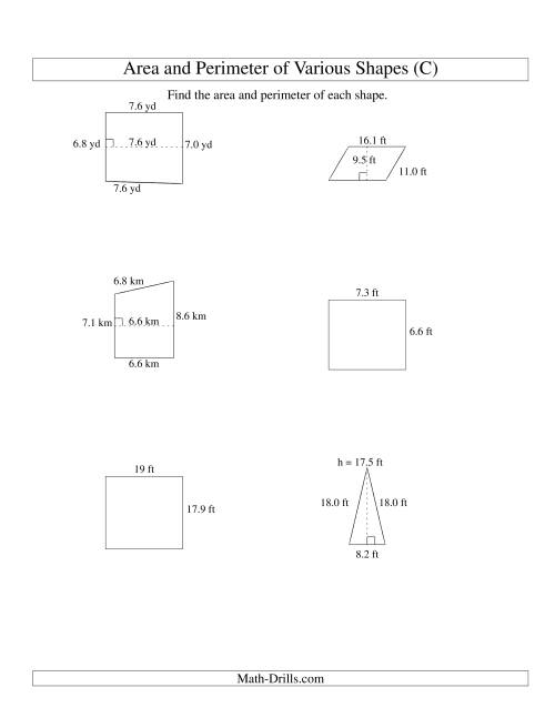 The Area and Perimeter of Various Shapes (up to 1 decimal place; range 5-20) (C) Math Worksheet