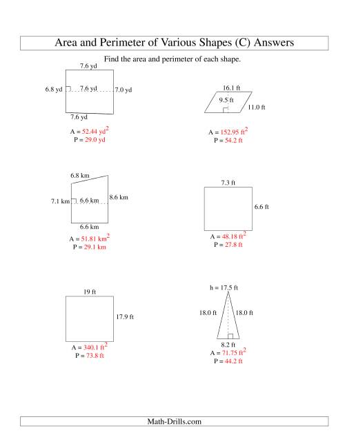 The Area and Perimeter of Various Shapes (up to 1 decimal place; range 5-20) (C) Math Worksheet Page 2
