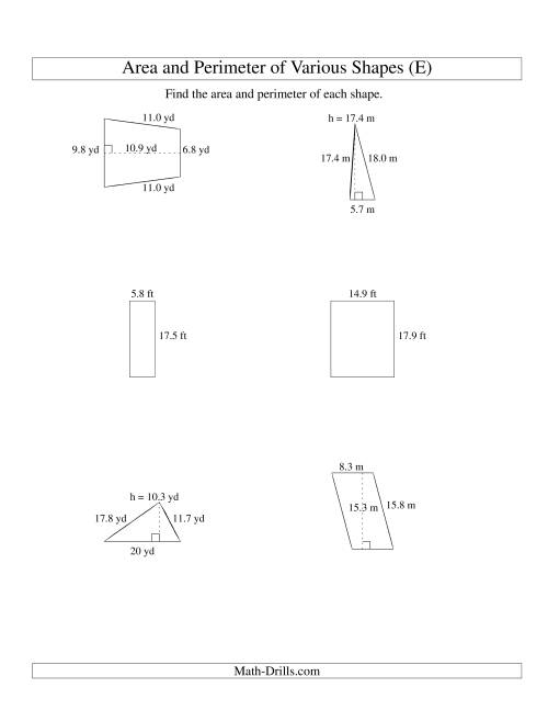 The Area and Perimeter of Various Shapes (up to 1 decimal place; range 5-20) (E) Math Worksheet