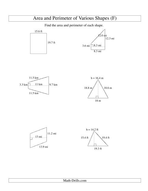 The Area and Perimeter of Various Shapes (up to 1 decimal place; range 5-20) (F) Math Worksheet