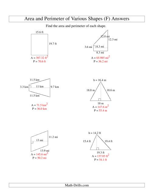 The Area and Perimeter of Various Shapes (up to 1 decimal place; range 5-20) (F) Math Worksheet Page 2