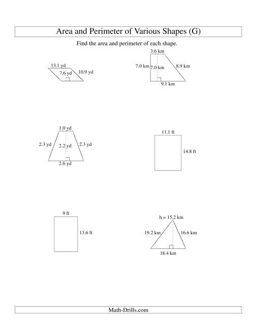 The Area and Perimeter of Various Shapes (up to 1 decimal place; range 5-20) (G) Math Worksheet