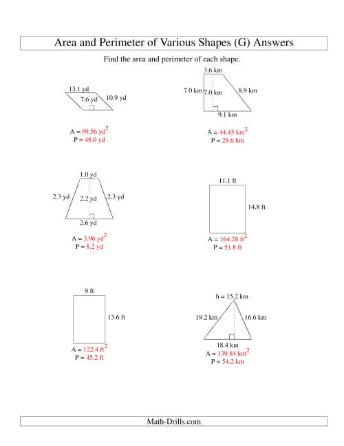 The Area and Perimeter of Various Shapes (up to 1 decimal place; range 5-20) (G) Math Worksheet Page 2