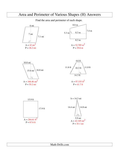 The Area and Perimeter of Various Shapes (up to 1 decimal place; range 5-20) (H) Math Worksheet Page 2