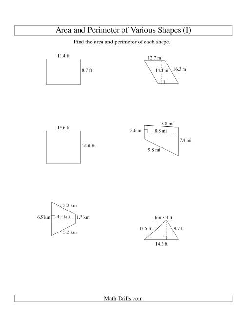 The Area and Perimeter of Various Shapes (up to 1 decimal place; range 5-20) (I) Math Worksheet