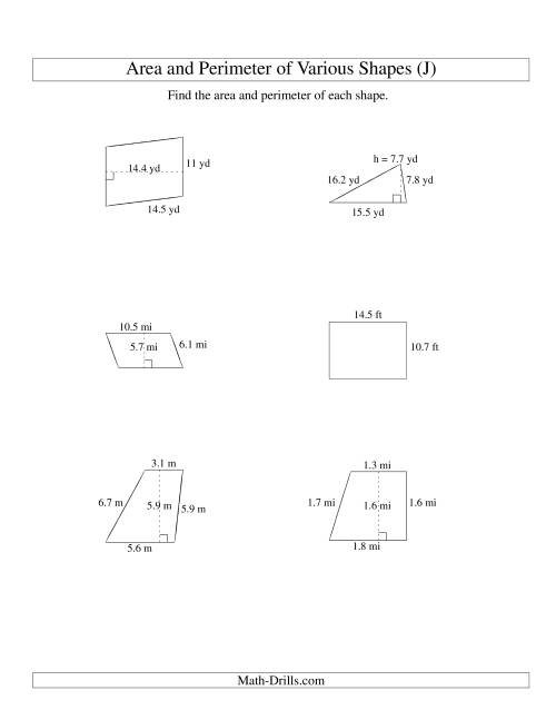 The Area and Perimeter of Various Shapes (up to 1 decimal place; range 5-20) (J) Math Worksheet