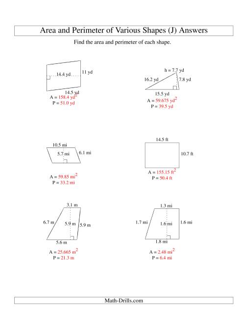 The Area and Perimeter of Various Shapes (up to 1 decimal place; range 5-20) (J) Math Worksheet Page 2