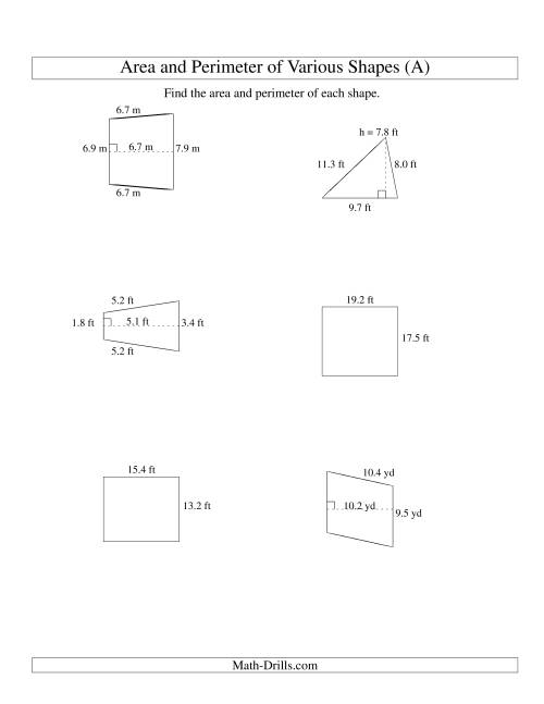 The Area and Perimeter of Various Shapes (up to 1 decimal place; range 5-20) (All) Math Worksheet