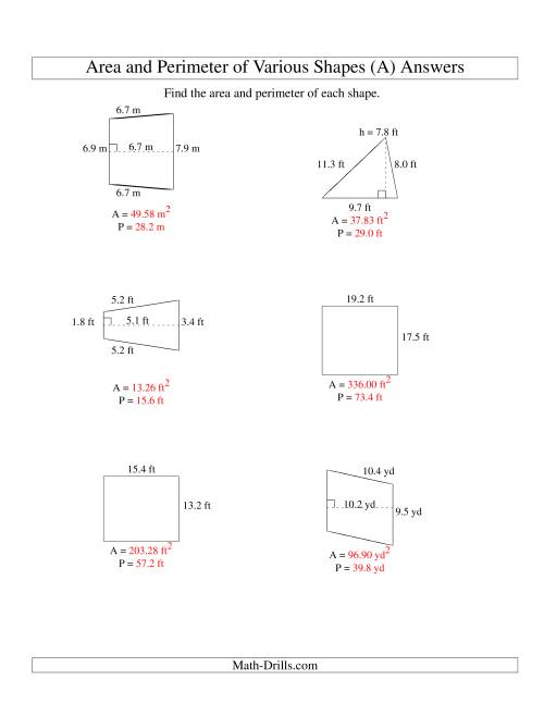 The Area and Perimeter of Various Shapes (up to 1 decimal place; range 5-20) (All) Math Worksheet Page 2