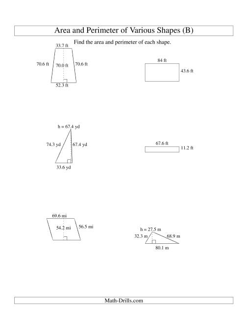 The Area and Perimeter of Various Shapes (up to 1 decimal place; range 10-99) (B) Math Worksheet