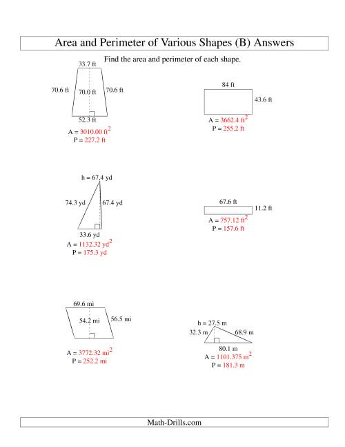 The Area and Perimeter of Various Shapes (up to 1 decimal place; range 10-99) (B) Math Worksheet Page 2