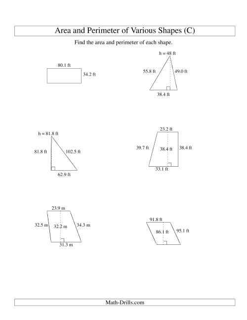 The Area and Perimeter of Various Shapes (up to 1 decimal place; range 10-99) (C) Math Worksheet
