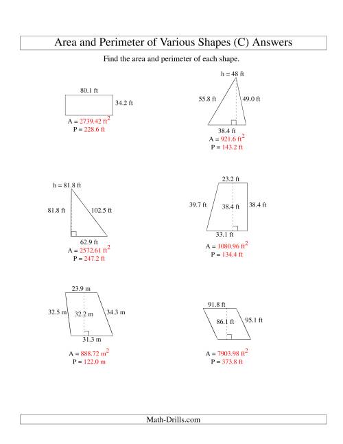 The Area and Perimeter of Various Shapes (up to 1 decimal place; range 10-99) (C) Math Worksheet Page 2