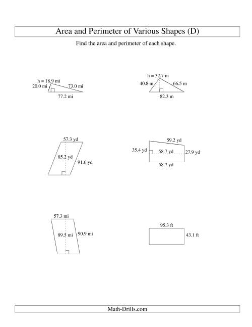 The Area and Perimeter of Various Shapes (up to 1 decimal place; range 10-99) (D) Math Worksheet