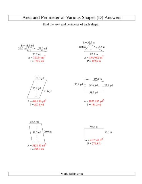 The Area and Perimeter of Various Shapes (up to 1 decimal place; range 10-99) (D) Math Worksheet Page 2