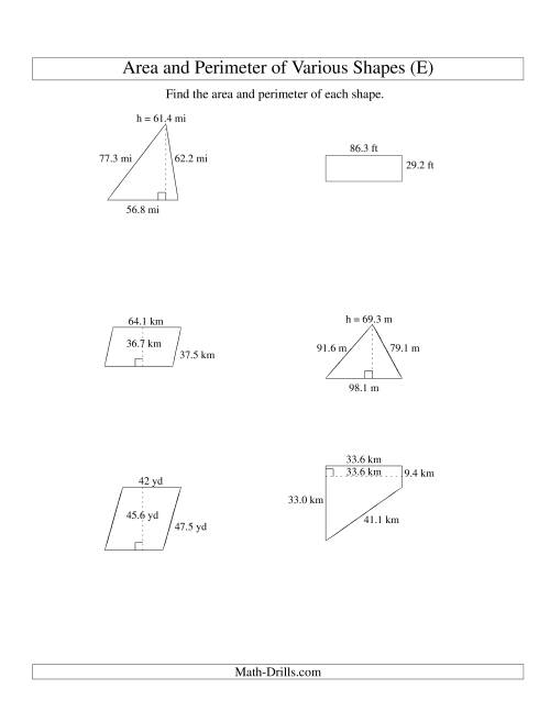 The Area and Perimeter of Various Shapes (up to 1 decimal place; range 10-99) (E) Math Worksheet