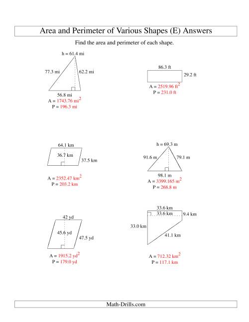 The Area and Perimeter of Various Shapes (up to 1 decimal place; range 10-99) (E) Math Worksheet Page 2