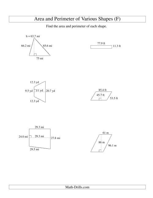 The Area and Perimeter of Various Shapes (up to 1 decimal place; range 10-99) (F) Math Worksheet