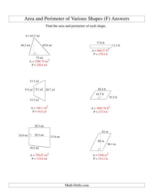 The Area and Perimeter of Various Shapes (up to 1 decimal place; range 10-99) (F) Math Worksheet Page 2