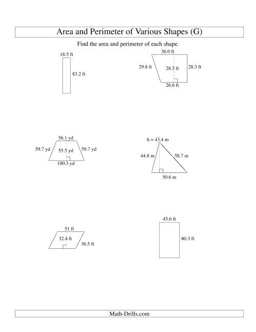 The Area and Perimeter of Various Shapes (up to 1 decimal place; range 10-99) (G) Math Worksheet