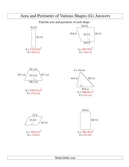 The Area and Perimeter of Various Shapes (up to 1 decimal place; range 10-99) (G) Math Worksheet Page 2