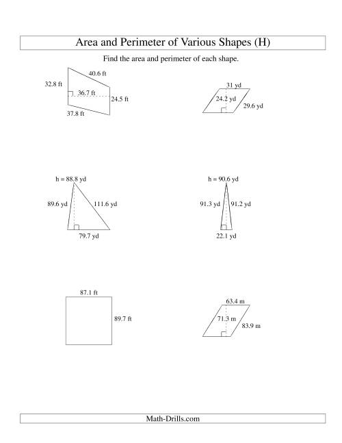 The Area and Perimeter of Various Shapes (up to 1 decimal place; range 10-99) (H) Math Worksheet