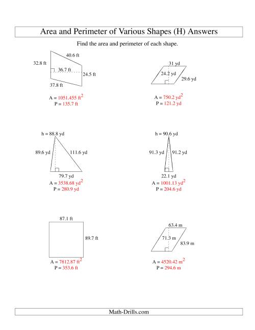 The Area and Perimeter of Various Shapes (up to 1 decimal place; range 10-99) (H) Math Worksheet Page 2