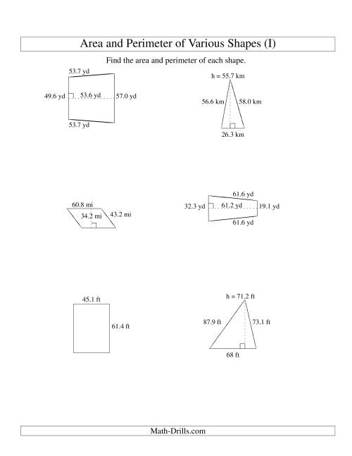 The Area and Perimeter of Various Shapes (up to 1 decimal place; range 10-99) (I) Math Worksheet