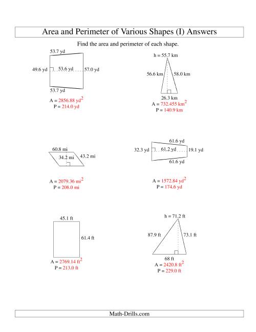 The Area and Perimeter of Various Shapes (up to 1 decimal place; range 10-99) (I) Math Worksheet Page 2