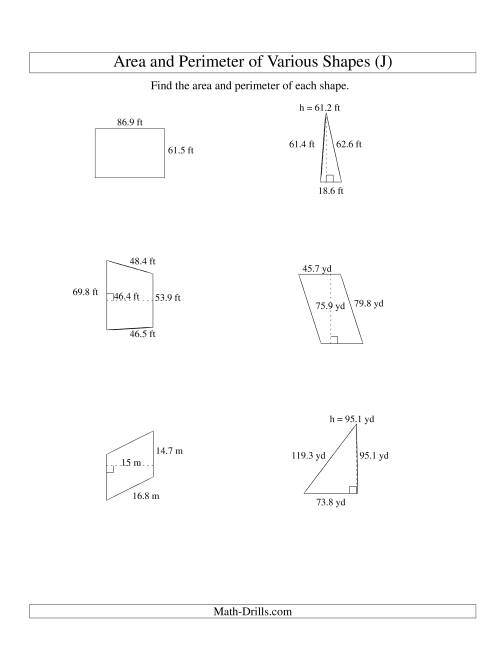 The Area and Perimeter of Various Shapes (up to 1 decimal place; range 10-99) (J) Math Worksheet
