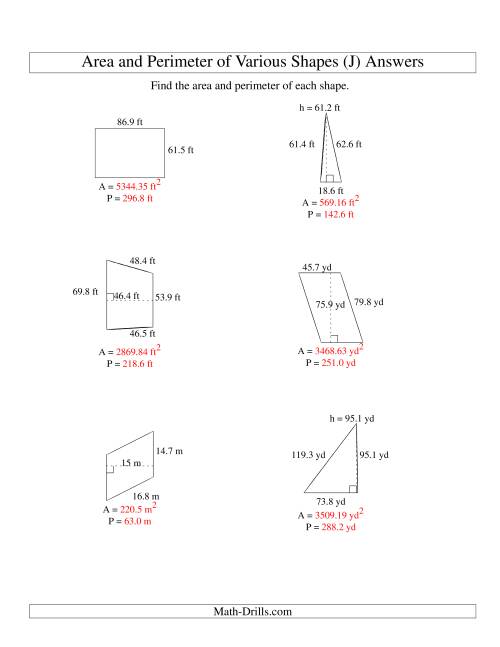 The Area and Perimeter of Various Shapes (up to 1 decimal place; range 10-99) (J) Math Worksheet Page 2