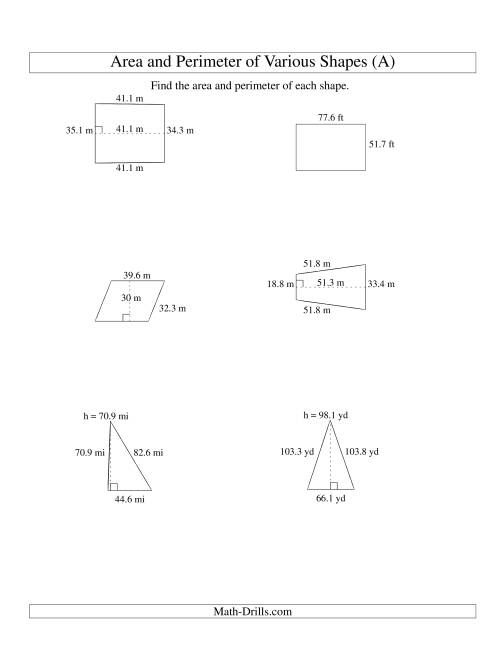 The Area and Perimeter of Various Shapes (up to 1 decimal place; range 10-99) (All) Math Worksheet