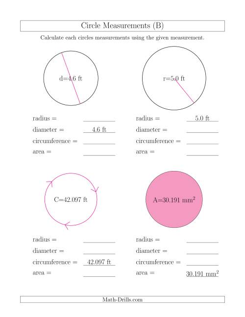 The Calculate All Circle Measurements (B) Math Worksheet