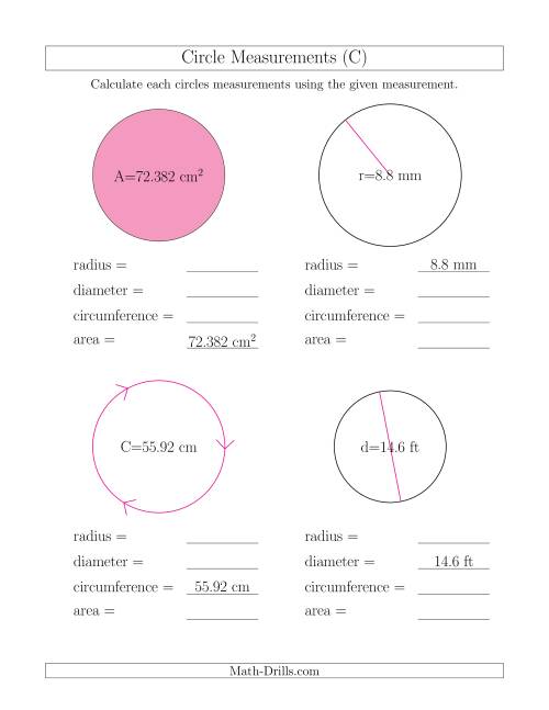 The Calculate All Circle Measurements (C) Math Worksheet
