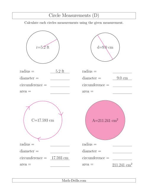 The Calculate All Circle Measurements (D) Math Worksheet