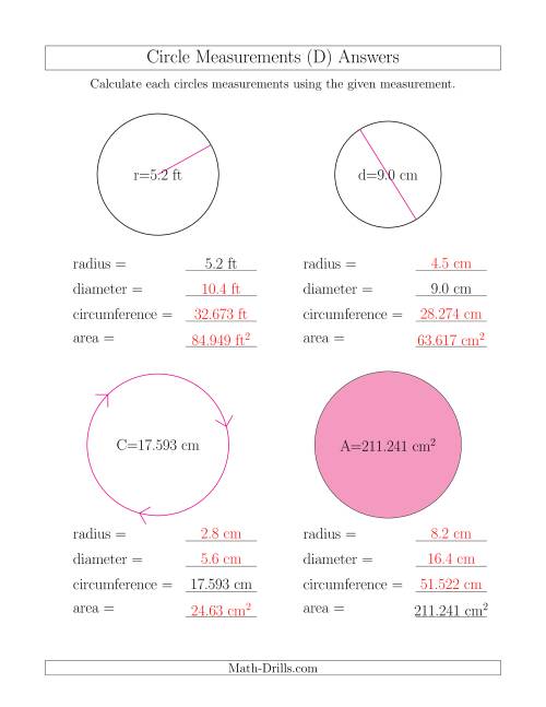 The Calculate All Circle Measurements (D) Math Worksheet Page 2